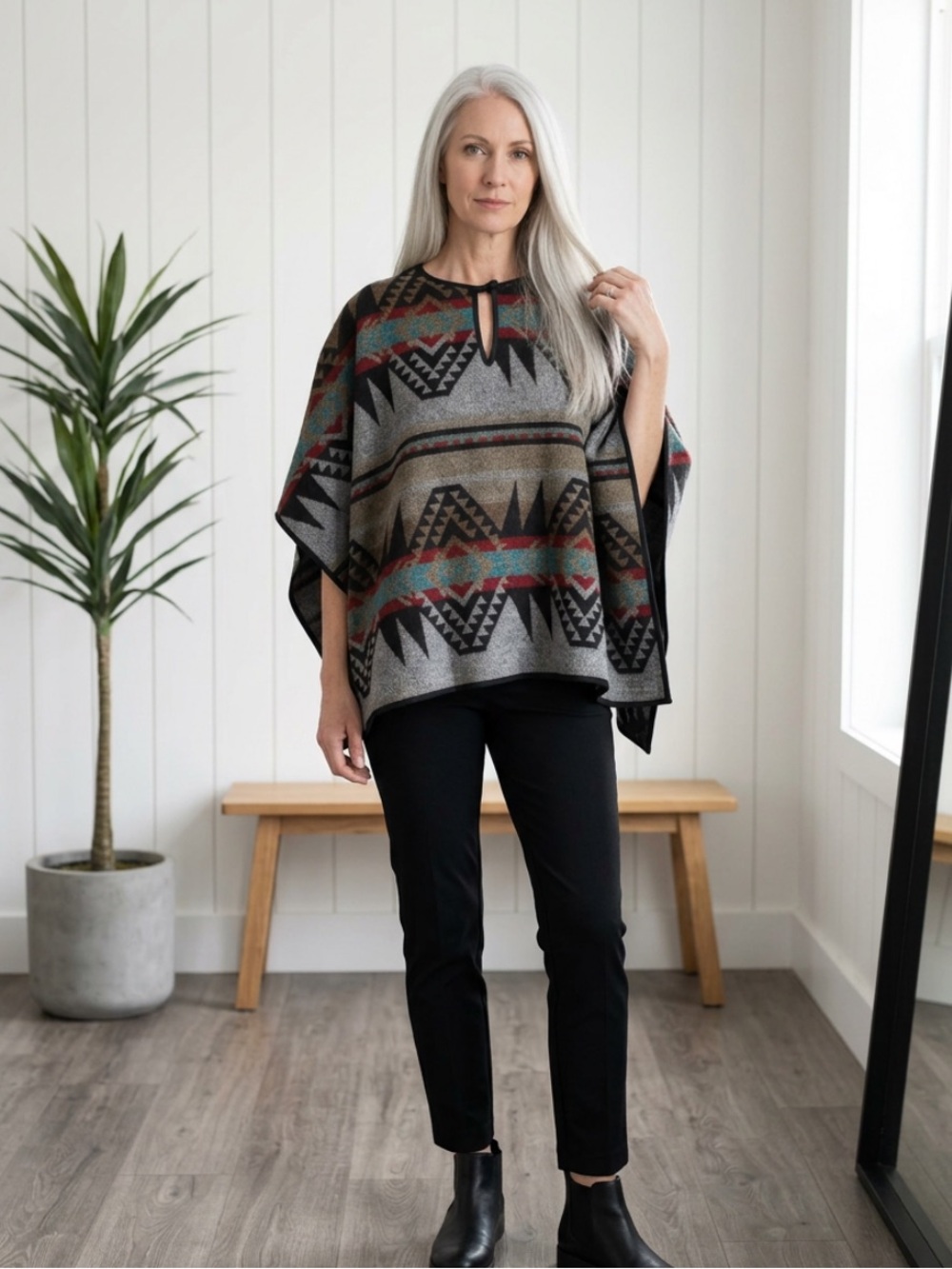 Vintage Forever 21 Aztec Poncho Cape Shawl Boho Hippie Gray, Blue, Red Black New
